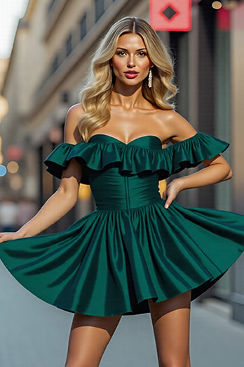 Dark Green A Line Satin Short Prom Dress with Ruffles