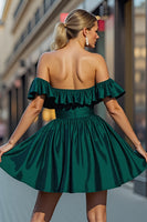 Load image into Gallery viewer, Dark Green A Line Satin Short Prom Dress with Ruffles