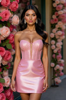 Load image into Gallery viewer, Sparkly Pink Corset Satin Short Prom Dress with Keyhole