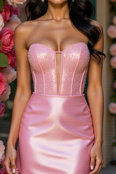Sparkly Pink Corset Satin Short Prom Dress with Keyhole
