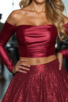 Load image into Gallery viewer, Sparkly Burgundy 2 Piece A Line Short Prom Dress