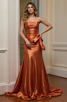 Load image into Gallery viewer, Orange Strapless Satin Maxi Formal Dress with Ruffles