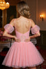 Load image into Gallery viewer, Pink A Line Tulle Corset Short Prom Dress with Appliques