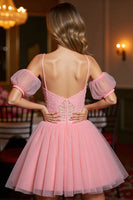 Load image into Gallery viewer, Pink A Line Tulle Corset Short Prom Dress with Appliques