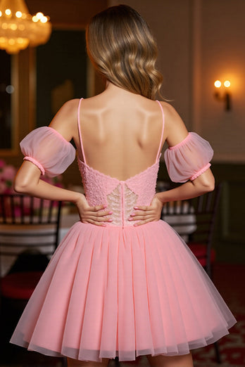 Pink A Line Tulle Corset Short Prom Dress with Appliques