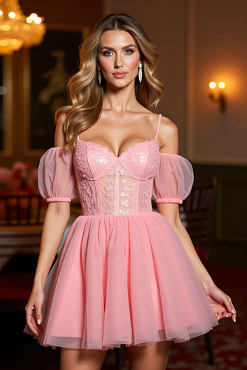 Pink A Line Tulle Corset Short Prom Dress with Appliques