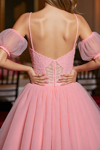 Pink A Line Tulle Corset Short Prom Dress with Appliques