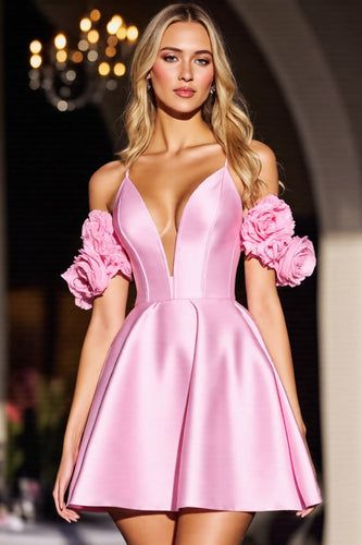 Pink Floral Satin Short Corset Prom Dress