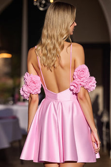 Pink Floral Satin Short Corset Prom Dress