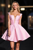 Load image into Gallery viewer, Pink Satin Ruched Deep V-Neck Short Prom Dress