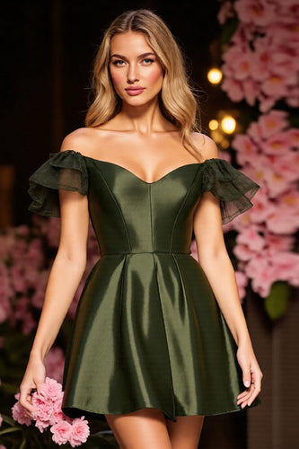 Army Green Corset Satin Short Prom Dress with Ruffles