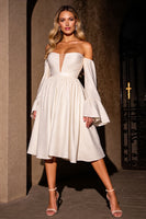 Load image into Gallery viewer, Ivory Strapless A Line Midi Prom Dress with Sleeves