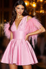 Load image into Gallery viewer, Pink V-Neck Satin Short Prom Dress with Feathers