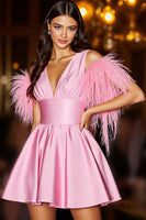 Load image into Gallery viewer, Pink V-Neck Satin Short Prom Dress with Feathers