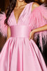 Load image into Gallery viewer, Pink V-Neck Satin Short Prom Dress with Feathers