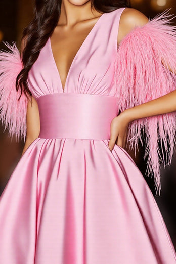 Pink V-Neck Satin Short Prom Dress with Feathers