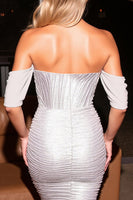 Load image into Gallery viewer, Glitter Silver Ruched Off the Shoulder Tight Short Prom Dress