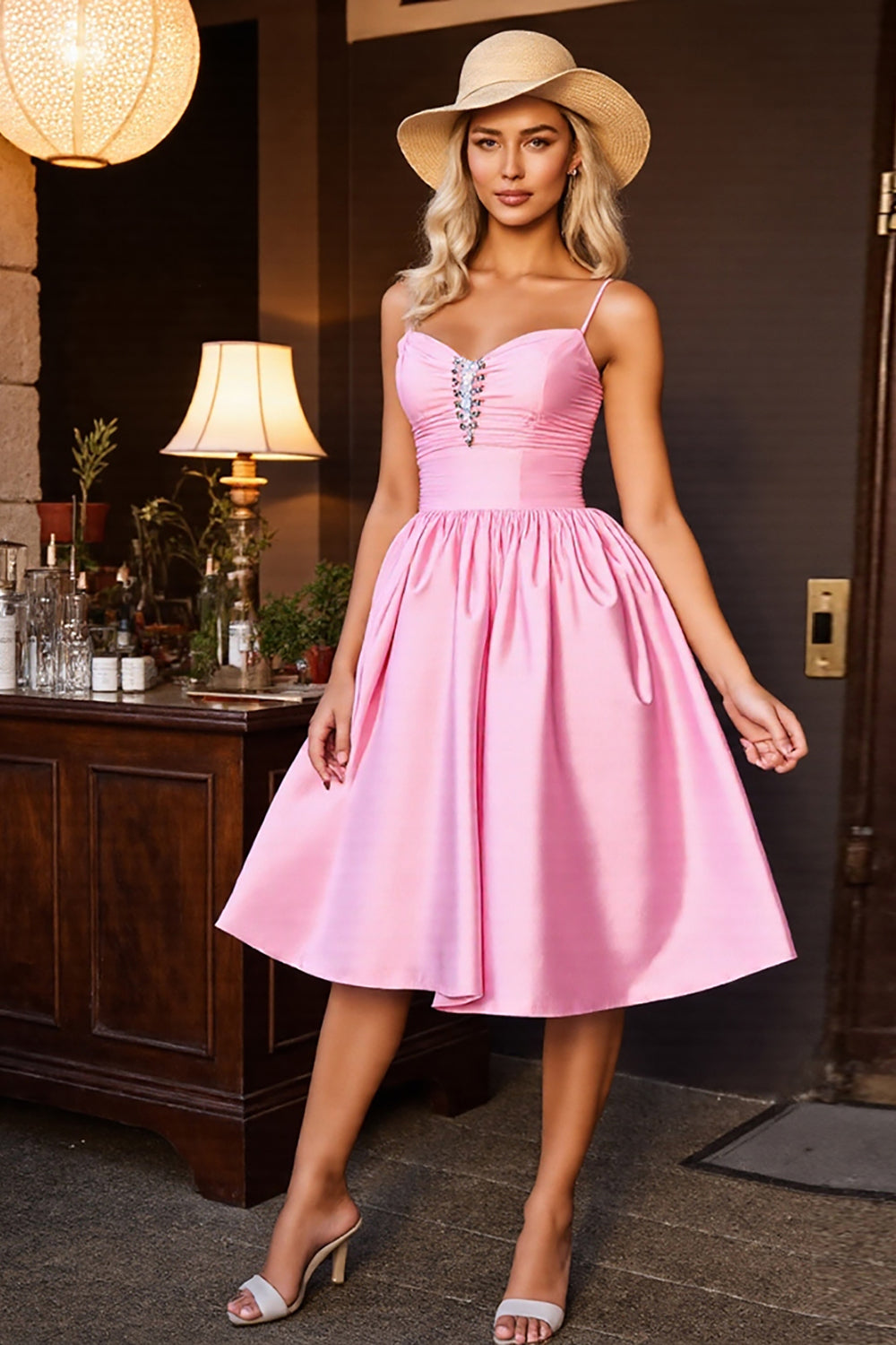 Pink Ruched A Line Satin Midi Prom Dress