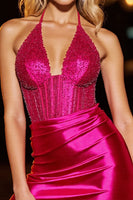 Load image into Gallery viewer, Sparkly Fuchsia Corset Tight Satin Short Prom Dress with Beading