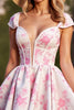 Load image into Gallery viewer, White Corset Floral Satin Short Prom Dress with Sleeves