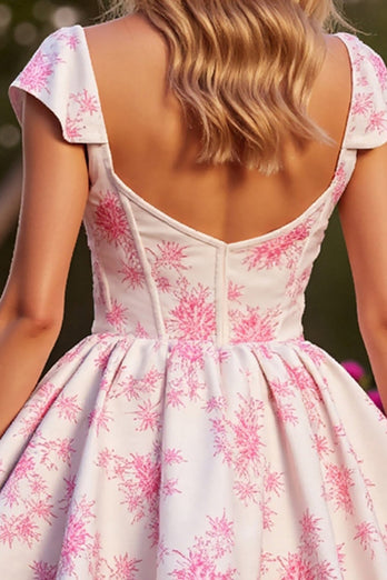 White Corset Floral Satin Short Prom Dress with Sleeves