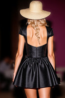 Load image into Gallery viewer, Black Corset Satin Cap Sleeves Short Prom Dress