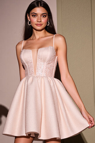 Sparkly Blush A Line Satin Short Corset Prom Dress with Beading