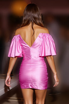 Fuchsia Bodycon Corset Satin Short Prom Dress with Ruffles
