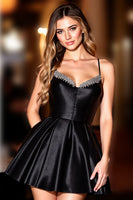 Load image into Gallery viewer, Sparkly Black A Line Satin Short Corset Prom Dress with Beading