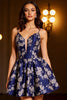 Load image into Gallery viewer, Navy Satin A Line Short Floral Prom Dress