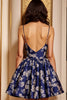 Load image into Gallery viewer, Navy Satin A Line Short Floral Prom Dress