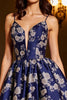 Load image into Gallery viewer, Navy Satin A Line Short Floral Prom Dress