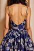 Load image into Gallery viewer, Navy Satin A Line Short Floral Prom Dress