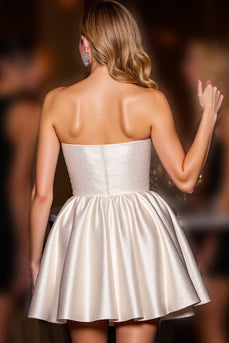 Ivory Satin Strapless A Line Short Corset Prom Dress