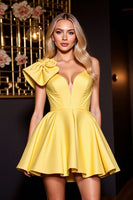 Load image into Gallery viewer, Yellow A Line Short Satin Prom Dress with Ruffles