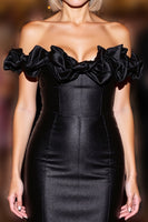 Load image into Gallery viewer, Black Ruffled Tight Satin Short Prom Dress