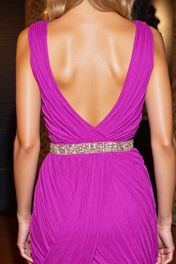 Sparkly Fuchsia Ruched Tight Beaded Short Prom Dress