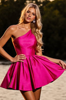Load image into Gallery viewer, Fuchsia A Line One Shoulder Short Satin Prom Dress