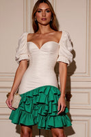 Load image into Gallery viewer, White and Green Satin Bodycon Short Prom Dress with Ruffles