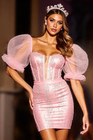 Load image into Gallery viewer, Sparkly Pink Tight Short Corset Prom Dress