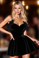 Load image into Gallery viewer, Black Velvet A Line Spaghetti Straps Short Prom Dress with Feather