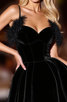 Load image into Gallery viewer, Black Velvet A Line Spaghetti Straps Short Prom Dress with Feather