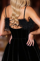 Load image into Gallery viewer, Black Velvet A Line Spaghetti Straps Short Prom Dress with Feather