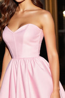 Load image into Gallery viewer, Pink Satin A Line Strapless Short Corset Prom Dress