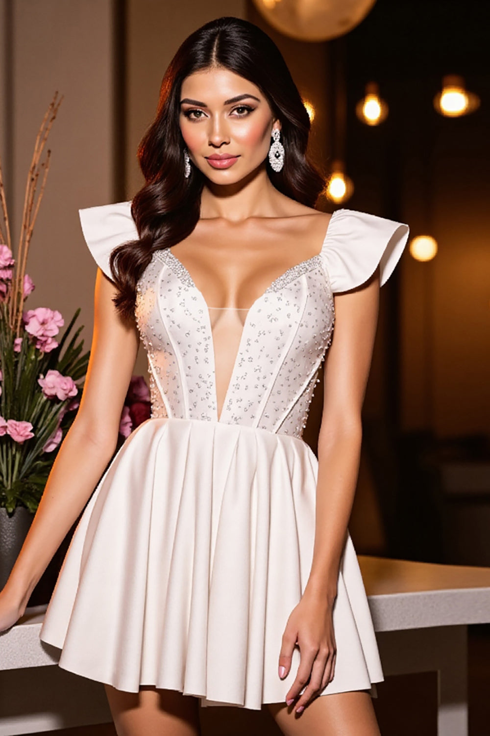 Sparkly Ivory Satin A Line Short Corset Prom Dress with Beading
