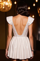 Load image into Gallery viewer, Sparkly Ivory Satin A Line Short Corset Prom Dress with Beading