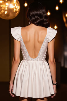 Sparkly Ivory Satin A Line Short Corset Prom Dress with Beading