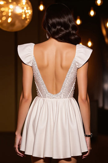 Sparkly Ivory Satin A Line Short Corset Prom Dress with Beading