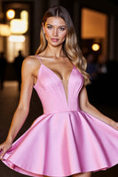Load image into Gallery viewer, Pink Short Satin Spaghetti Straps A Line Corset Prom Dress