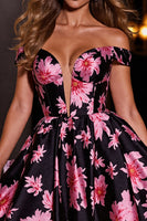 Load image into Gallery viewer, Black and Pink A Line Floral Short Satin Prom Dress